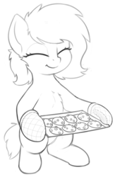 Size: 526x805 | Tagged: safe, artist:smoldix, imported from derpibooru, oc, oc only, oc:filly anon, earth pony, pony, bipedal, chest fluff, cookie, cute, eyes closed, female, filly, food, hoof hold, ocbetes, oven mitts, simple background, sketch, smiling, solo, tray, white background