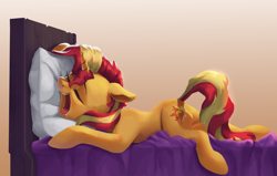 Size: 4000x2550 | Tagged: safe, artist:vanillaghosties, imported from derpibooru, sunset shimmer, pony, unicorn, equestria girls, atg 2019, bed, cute, cutie mark, drool, eyes closed, female, majestic as fuck, mare, newbie artist training grounds, open mouth, shimmerbetes, sleeping, snoring, solo, sweet dreams fuel