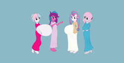 Size: 5760x2928 | Tagged: safe, artist:wyntermoon, imported from derpibooru, princess flurry heart, oc, oc:beryl (discoshy), oc:bundle joy, oc:melody aurora, hybrid, equestria girls, adult, barefoot, belly, belly button, big belly, collaboration, colored background, colorer:ngkq, cousins, equestria girls-ified, feet, hyper, hyper belly, hyper pregnancy, interspecies offspring, multiple pregnancy, offspring, older, older flurry heart, outie belly button, parent:discord, parent:flash sentry, parent:fluttershy, parent:twilight sparkle, parents:discoshy, parents:flashlight, pregnant, pregnant equestria girls