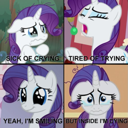 Size: 567x567 | Tagged: safe, edit, edited screencap, imported from derpibooru, screencap, rarity, pony, unicorn, sisterhooves social, the mean 6, caption, comic, crying, female, floppy ears, four panel meme, image macro, smiling, solo, text, wavy mouth