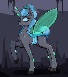 Size: 3478x3940 | Tagged: safe, artist:paskanaakka, derpibooru exclusive, imported from derpibooru, oc, oc only, oc:queen polistae, changeling, changeling queen, changeling queen oc, colored hooves, ear fluff, hair bun, lidded eyes, raised hoof, smiling, solo, tail bun