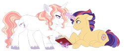 Size: 1024x427 | Tagged: safe, artist:azure-art-wave, imported from derpibooru, oc, oc only, oc:lance, oc:starswirl, pony, book, deviantart watermark, magic, male, obtrusive watermark, offspring, parent:flash sentry, parent:fleur-de-lis, parent:prince blueblood, parent:twilight sparkle, parents:flashlight, prone, simple background, stallion, transparent background, watermark