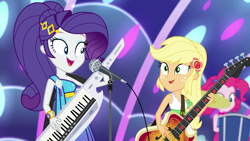 Size: 1920x1080 | Tagged: safe, imported from derpibooru, screencap, applejack, pinkie pie, rarity, equestria girls, equestria girls series, spring breakdown, spoiler:eqg series (season 2), all good (song), bass guitar, drums, geode of super strength, keytar, magical geodes, microphone, musical instrument, sleeveless