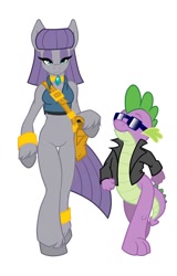 Size: 714x1119 | Tagged: safe, artist:qtmarx, imported from derpibooru, maud pie, spike, anthro, dragon, bracelet, clothes, female, jacket, jewelry, leather jacket, lidded eyes, male, necklace, simple background, smiling, sunglasses, white background