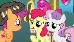 Size: 1920x1080 | Tagged: safe, imported from derpibooru, screencap, apple bloom, scootaloo, sweetie belle, earth pony, pegasus, pony, unicorn, the last crusade, cutie mark, cutie mark crusaders, female, filly, hat, house, the cmc's cutie marks