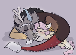 Size: 1280x920 | Tagged: safe, artist:scenebunny, artist:scenesonic, imported from derpibooru, discord, fluttershy, pegasus, pony, adorascotch, blushing, buttercord, butterscotch, coat markings, cuddling, cute, discoshy, discute, female, floppy ears, gay, gray background, male, rule 63, rule63betes, shipping, simple background, sleeping, trans male, trans stallion, transgender