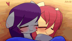 Size: 640x360 | Tagged: safe, artist:an-m, imported from derpibooru, oc, oc only, oc:dusty sun, oc:fidgett, bat pony, earth pony, pony, animated, bed, blushing, cheek rub, cute, eyes closed, fangs, frame by frame, gay, heart, male, nuzzling, sleeping, snuggling, stallion