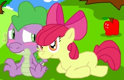 Size: 1109x720 | Tagged: safe, artist:tagman007, imported from derpibooru, apple bloom, spike, dragon, earth pony, pony, apple, blushing, bow, cute, daaaaaaaaaaaw, female, filly, food, lying down, male, shipping, smiling, spikebloom, straight