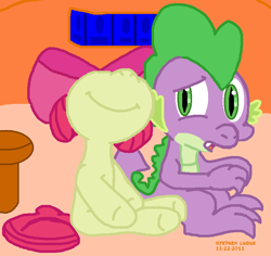 Size: 755x712 | Tagged: safe, artist:tagman007, imported from derpibooru, apple bloom, spike, dragon, pony, bow, cute, female, filly, male, nose in the air, open mouth, shipping, sitting, smiling, spikebloom, straight