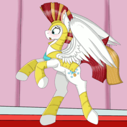 Size: 1000x1000 | Tagged: safe, artist:cuddlelamb, imported from derpibooru, oc, oc:cuddlelamb, pegasus, pony, age regression, animated, armor, blushing, clothing transformation, colt, dock, gif, implied princess celestia, kindergarten uniform, magic, male, messenger bag, open mouth, pacifier, rearing, royal guard, solo, speech bubble, transforming clothes