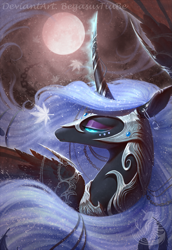 Size: 1015x1476 | Tagged: safe, artist:begasus, imported from derpibooru, nightmare moon, alicorn, pony, armor, chains, curved horn, ear piercing, earring, female, horn, jewelry, lidded eyes, moon, piercing, solo, watermark, wing armor
