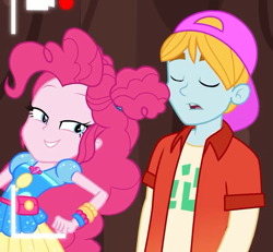 Size: 681x630 | Tagged: safe, imported from derpibooru, screencap, fry lilac, pinkie pie, equestria girls, equestria girls series, five lines you need to stand in, spoiler:eqg series (season 2), background human, backwards ballcap, baseball cap, cap, cropped, eyes closed, female, geode of sugar bombs, hat, magical geodes, male
