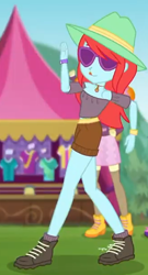 Size: 330x612 | Tagged: safe, imported from derpibooru, screencap, peppermint azure, scribble dee, accountibilibuddies, equestria girls, equestria girls series, spoiler:choose your own ending (season 2), spoiler:eqg series (season 2), background human, clothes, female, hat, legs, shorts, solo, sunglasses, tongue out