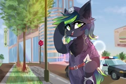 Size: 1280x853 | Tagged: safe, artist:butterbit, imported from derpibooru, oc, oc only, oc:viridity incresent, semi-anthro, clothes, cuffs, police uniform, scenery, solo, ych result