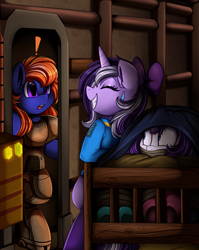 Size: 2550x3209 | Tagged: safe, artist:pridark, imported from derpibooru, oc, oc only, oc:scarlet melody, oc:scarlet notes, unnamed oc, bed, bipedal, clothes, commission, context is for the weak, crossover, eyes closed, fallout, hiding, high res, jumpsuit, smiling, vault suit, video game crossover