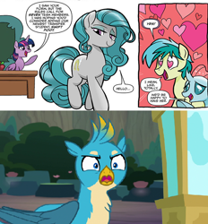 Size: 730x788 | Tagged: safe, artist:tonyfleecs, edit, idw, imported from derpibooru, screencap, gallus, ocellus, sandbar, swift foot, twilight sparkle, alicorn, changedling, changeling, earth pony, pony, uprooted, spoiler:comic, spoiler:comicfeatsoffriendship01, angry, bedroom eyes, female, heart eyes, implied gallbar, jealous, mare, obsession, thracian, twilight sparkle (alicorn), wingding eyes