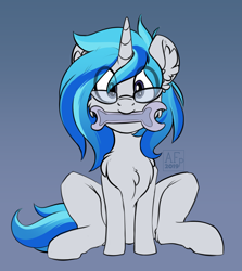 Size: 3253x3640 | Tagged: safe, artist:airfly-pony, imported from derpibooru, oc, oc only, oc:gear pulse, pony, unicorn, chest fluff, eye clipping through hair, glasses, gradient background, male, mouth hold, rcf community, solo, stallion, wrench