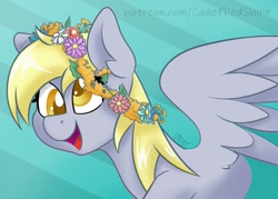 Size: 1024x732 | Tagged: safe, artist:cadetredshirt, imported from derpibooru, derpy hooves, pegasus, pony, bust, colored pupils, cute, derp, derpabetes, female, floral head wreath, flower, flower in hair, flying, gradient background, happy, open mouth, patreon, patreon logo, simple background, smiling, solo