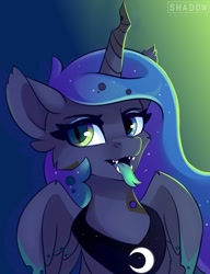 Size: 1000x1300 | Tagged: safe, artist:php97, imported from derpibooru, princess luna, queen chrysalis, pony, colored tongue, commission, disguise, disguised changeling, ear fluff, female, forked tongue, heterochromia, mismatched eyes, solo