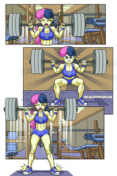 Size: 568x851 | Tagged: safe, artist:art-2u, imported from derpibooru, bon bon, sweetie drops, comic:buns and guns, equestria girls, bon bombastic, comic, converse, female, gym, muscles, muscular female, shoes, solo, weight lifting, workout