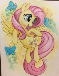 Size: 714x921 | Tagged: safe, artist:astevenamedwolf, imported from derpibooru, fluttershy, butterfly, pegasus, pony, female, head turn, looking at something, mare, open mouth, smiling, solo, spread wings, traditional art, turned head, watercolor painting, wings