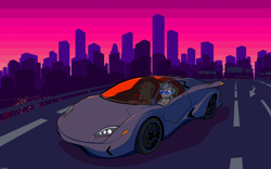 Size: 3840x2400 | Tagged: safe, artist:darkdoomer, imported from derpibooru, silver spoon, pony, car, city, cityscape, driving, female, legitimately amazing mspaint, lights, ms paint, retrowave, road, solo, sportscar, sunset, wallpaper