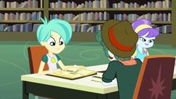 Size: 1280x720 | Tagged: safe, imported from derpibooru, screencap, aqua blossom, scott green, tennis match, equestria girls, friendship games, background human, book, bookshelf, clothes, female, hat, male, reading, smiling