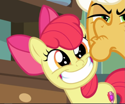 Size: 755x624 | Tagged: safe, imported from derpibooru, screencap, apple bloom, goldie delicious, earth pony, pony, going to seed, adorabloom, cropped, cute, elderly, faic, female, filly, happy, smiling, solo focus, teeth