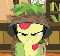 Size: 1004x939 | Tagged: safe, imported from derpibooru, screencap, apple bloom, earth pony, pony, going to seed, cropped, evil grin, female, filly, grin, hat, looking at you, narrowed eyes, rope, saddle bag, smiling, solo