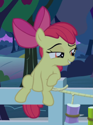 Size: 591x794 | Tagged: safe, imported from derpibooru, screencap, apple bloom, earth pony, pony, going to seed, bow, cropped, female, fence, filly, foal, grin, hair bow, lidded eyes, raised eyebrow, rope, sitting, smiling, smirk, smug, solo