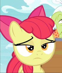 Size: 704x826 | Tagged: safe, imported from derpibooru, screencap, apple bloom, granny smith, earth pony, pony, going to seed, apple bloom is not amused, bow, close-up, cropped, female, filly, frown, hair bow, looking at you, offscreen character, solo focus, unamused