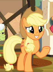 Size: 666x897 | Tagged: safe, imported from derpibooru, screencap, applejack, big macintosh, granny smith, earth pony, pony, going to seed, applejack's hat, cowboy hat, cropped, cute, female, hat, jackabetes, male, mare, offscreen character, raised hoof, smiling, solo focus, stallion