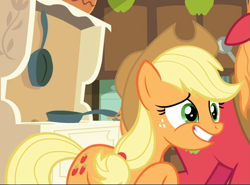 Size: 1057x784 | Tagged: safe, imported from derpibooru, screencap, applejack, big macintosh, earth pony, pony, going to seed, awkward smile, cropped, faic, female, floppy ears, freckles, grin, male, mare, offscreen character, raised hoof, smiling, solo focus, stallion