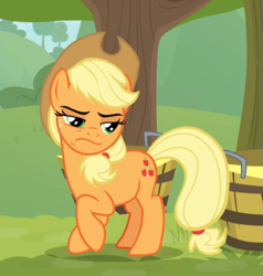 Size: 553x581 | Tagged: safe, imported from derpibooru, screencap, applejack, earth pony, pony, going to seed, applejack is not amused, cropped, female, freckles, mare, narrowed eyes, raised hoof, solo, unamused