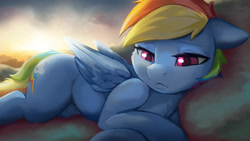 Size: 2400x1350 | Tagged: safe, artist:fidzfox, imported from derpibooru, rainbow dash, pegasus, pony, backwards cutie mark, cheek fluff, chest fluff, cloud, cute, dashabetes, female, floppy ears, folded wings, frown, lidded eyes, lying down, mare, on a cloud, solo, style emulation, sweet dreams fuel, wings