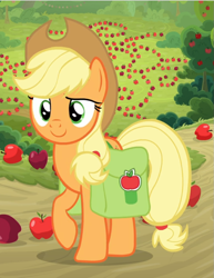 Size: 717x927 | Tagged: safe, imported from derpibooru, screencap, applejack, earth pony, pony, going to seed, apple, cropped, female, food, mare, raised hoof, saddle bag, smiling, solo