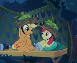 Size: 847x693 | Tagged: safe, imported from derpibooru, screencap, apple bloom, applejack, earth pony, pony, going to seed, adorabloom, apple sisters, cropped, cute, daaaaaaaaaaaw, duo, female, filly, hat, jackabetes, looking at each other, mare, pillow, siblings, sisters, sitting, sleeping bag, smiling