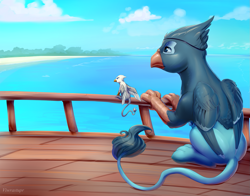 Size: 1571x1234 | Tagged: safe, artist:viwrastupr, imported from derpibooru, oc, oc only, oc:der, oc:lovebird mccaw, griffon, beach, duo, eyepatch, male, micro, ship, water