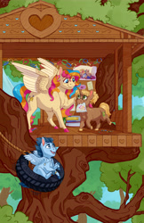 Size: 5791x8950 | Tagged: safe, artist:cuttledreams, imported from derpibooru, oc, oc only, oc:copper chip, oc:golden gates, oc:silver span, pegasus, pony, unicorn, babscon, tire swing, tree, treehouse, trio