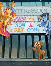 Size: 3400x4400 | Tagged: safe, artist:cuttledreams, imported from derpibooru, oc, oc:copper chip, oc:golden gates, oc:silver span, pegasus, pony, unicorn, babscon, banner, trio