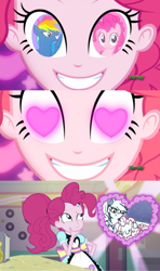 Size: 356x600 | Tagged: safe, artist:artistic dawn, edit, edited screencap, imported from derpibooru, screencap, pinkie pie, rainbow dash, coinky-dink world, eqg summertime shorts, equestria girls, secrets and pies, crack shipping, evil pie hater dash, female, heart eyes, lesbian, meme, pinkie's eyes, pinkiedash, pinkiehater, server pinkie pie, shipping, wingding eyes