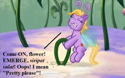 Size: 752x469 | Tagged: safe, edit, edited screencap, imported from derpibooru, screencap, breezie, the princess promenade, background breezie, breezish, cropped, cute, female, flower, flower wishes (g3), frustrated, g3, g3 flowerbetes, mare, pulling, speech