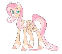 Size: 2671x2343 | Tagged: safe, artist:waackery, imported from derpibooru, fluttershy, pegasus, pony, alternate design, coat markings, colored hooves, colored wings, ear fluff, facial markings, female, looking sideways, mare, simple background, smiling, snip (coat marking), socks (coat marking), socks (coat markings), solo, standing, three quarter view, transparent background, two toned mane, wings