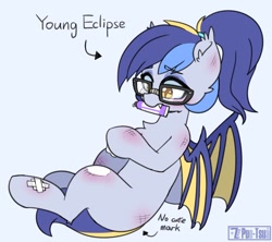 Size: 1170x1041 | Tagged: safe, artist:puetsua, imported from derpibooru, oc, oc only, oc:eclipse lim, bat pony, pony, bat pony oc, blank flank, bruised, fangs, female, glasses, mouth hold, ointment, ponytail, solo, younger