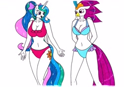 Size: 3499x2478 | Tagged: safe, artist:killerteddybear94, imported from derpibooru, princess celestia, queen novo, alicorn, anthro, hippogriff, adorasexy, belly button, big breasts, bikini, blue swimsuit, bow, breasts, busty princess celestia, busty queen novo, clothes, curvy, cute, duo, duo female, female, hair bow, hands behind back, hourglass figure, legs together, looking at each other, milf, open mouth, ponytail, red swimsuit, sexy, smiling, swimsuit, traditional art