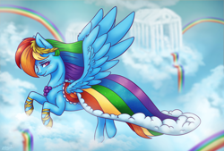 Size: 1800x1215 | Tagged: safe, artist:eternalsubscriber, imported from derpibooru, rainbow dash, pegasus, pony, the best night ever, clothes, cloud, cloudsdale, cute, dashabetes, dress, female, flying, gala dress, rainbow, rainbow dash always dresses in style, solo