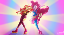 Size: 3080x1705 | Tagged: safe, artist:shad0w-galaxy, imported from derpibooru, pinkie pie, sunset shimmer, equestria girls, equestria girls series, sunset's backstage pass!, spoiler:eqg series (season 2), clothes, female, geode of sugar bombs, high res, lesbian, magical geodes, patreon, screenshot redraw, shipping, shoes, sneakers, sunsetpie