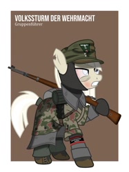 Size: 1024x1366 | Tagged: safe, artist:brony-works, imported from derpibooru, earth pony, pony, blind eye, camouflage, clothes, cold, female, gritted teeth, gun, hat, k98, mare, military, nazi, nazi germany, nazipone, pants, rifle, solo, torn ear, trenchcoat, uniform, volkssturm, weapon, world war ii, wristband
