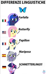 Size: 2106x3391 | Tagged: safe, artist:rainbow eevee, imported from derpibooru, bon bon, fluttershy, limestone pie, princess luna, sweetie drops, twilight sparkle, alicorn, butterfly, earth pony, pony, american flag, angry, cute, differenze linguistiche, english, faic, female, foreign language, france, french, german, germany, italian, italy, lunabetes, meme, obligatory pony, ponified meme, rage, rage face, simple background, spain, spanish, twilight is not amused, twilight sparkle (alicorn), twilight sparkle is not amused, unamused, united states, wat, white background