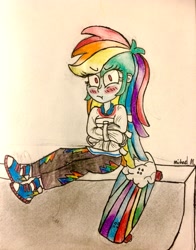Size: 2393x3048 | Tagged: safe, artist:michaelmaddox222, imported from derpibooru, rainbow dash, equestria girls, equestria girls series, sic skateboard, spoiler:eqg series (season 2), :t, angry, blushing, bondage, clothes, colored, converse, female, half pipe, jeans, looking at you, pants, pencil drawing, shoes, signature, sitting, skateboard, sneakers, solo, straitjacket, traditional art